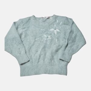 Vintage Hair Blend Sweater Medium Mint Pearl Flower Sweater Hipster 80s